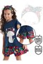 Floral Cat Girl's Navy Blue Summer T-Shirt Poplin Shorts Set