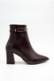 Women's Special Design Buckle Detailed Zippered Pointed Toe Mid-Heeled Bitter Brown Boots - 5