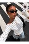 Patterned Women's One-Shoulder Asymmetrical Collar Draped Long Sleeve Blouse with Metal Accessories - 3