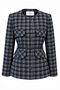 Plaid patterned belted bicycle collar navy blue suit 2082 - 2