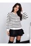 Women's White Striped Crew Neck Buttoned Long Sleeve Knitwear Sweater