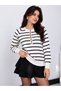 Women's White Striped Crew Neck Buttoned Long Sleeve Knitwear Sweater - 2