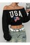 Women's Usa Flag Printed Cropped Boat Neck Sweatshirt - 2