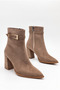 Women's Special Design Buckle Detailed Zippered Pointed Toe Medium Heeled Mink Suede Boots - 4