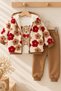 Baby Girl 3-Piece Set Hooded Plush Floral Patterned Cardigan Teddy Bear Printed Long Sleeve Sweatshirt and Matching