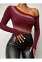 Women's long sleeve one shoulder open beaded and tulle detailed diver blouse