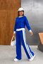 Women's Saks Blue Stylish Stripe Detailed Crew Neck Sweater Wide Leg Pants Bottom Top Two-Piece Knitwear Set
