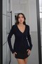 Navy Blue Metallic Threaded V-Neck Blouse - 2