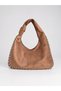 Women's Tan Suede Clutch Bag and Shoulder Bag with Studded Detail and a Zip Detail