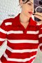 Polo Collar Striped Glitter Knit Blouse 7K180 - 3