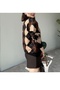 Women's Brown Baklava Patterned Short Sweater - 2