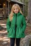 Girls' Padded Winter Coat with Quilted Pattern, Zipper Closure, Stand-Up Collar, Drawstring Waist, and Pockets.