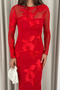 Women's Red Floral Embroidered Backless Long-Sleeved Long Tulle Evening Dress. - 3