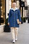 Women's Dark Blue Denim Jacket with Buttoned Pockets and Faux Fur Lining.