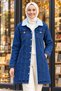 Women's Dark Blue Denim Jacket with Buttoned Pockets and Faux Fur Lining. - 7