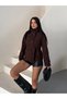 Arven high neck, belted, short, linered kaşe coat, black, brown. - 4