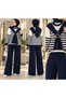Women's hijab shawl detailed striped knitwear pantsuit navy blue