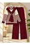 Women's striped knitwear set with hijab shawl detail and pants, burgundy - 2