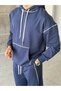 Contrast Stitched Two-Thread Hooded Baggy Tracksuit Set t Navy Blue - 2