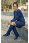Navy Blue Suede, Ruffled, Thin-Heeled, Knee-High Boot. - 2