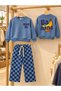 Mini Me Printed Blue Sweatshirt and Checkered Wide-Leg Pants 2-Piece Children's Set - 3