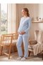 New Season Blue Shawl Collar Nursing-Friendly, Custom-Designed Long-Sleeved Maternity and Postpartum Robe and Pajama Set. - 6