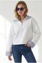 Women's White Polo Collar Crop Sweatshirt with Striped Detailing Swt-19000825 - 3