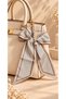 Striped Bow Bag Scarf – Bag Accessory and Keychain with Pearl Details and Gold-Colored Clip. - 2