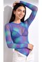 Women's Purple Neon Green Patterned Tulle Crew Neck Long Sleeve Snap Button Bodysuit Blouse - 3