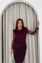 Women's burgundy glittery patterned tulle-sleeved draped Midi Length dress NBK5053 - 4