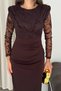 Women's Brown Tulle Midi Length Dress with Glittery Pattern and Draped Sleeves NBK5053 - 4