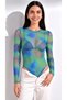 Women's Blue and Green Batik Patterned Tulle Blouse with a Bicycle Neckline, Long Sleeves, and Snap Fasteners.