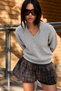 Women's V-Neck Long Sleeve Soft Textured Knit Grey Sweater - 2