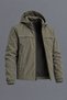 Men's Spring Khaki Raincoat with Stand-Up Collar, Hood, and Zipper.