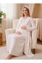 New Season Ecru Winter Jacquard Long-Sleeved Maternity Robe and Nightgown Set with Easy Breastfeeding Feature, 2-Piece Set.