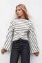 Women's Ecru Boat Neck Blouse with Draped Waist and Stripes Alc-X15991 - 4