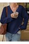 Women's Navy Blue V-Neck Oversized Knit Sweater, Knit Sweater. - 2