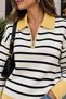 Women's Polo Collar Zippered Striped Knit Sweater - 2