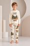 Boys' 100% Cotton Long-Sleeved Pajama Set with a Camp-Themed Pattern.