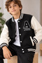 Boys' college jacket, black, 100% cotton, 3-thread, thick, with a brushed interior, and snap closures, sporty style.