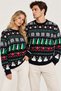 Unisex Christmas Sweater – Women's and Men's Crew Neck Knit Sweater with a Snowman and Christmas Tree Pattern.