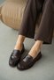 Lurein Women's Loafer with Ruffled Detail and Lightly Thick Heel - Brown Patent Leather