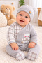 Boys' 3-Piece Top and Bottom Set: Cream-Beige Teddy Bear Print Bodysuit, Top, Bottom, and Hat Set