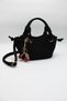 Women's Suede Black Crisscross Strap Crossbody Handbag and Shoulder Bag with Knot Detail and Cherry Charm Accessory Detail