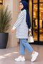 Women's Striped Crew Neck Long Sleeve Oversized Modest Tunic, 2-Ply Fabric. - 2