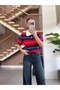 Polo Collar Wool Textured Striped Half-Sleeve Knitwear