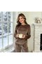 Chocolate Brown Velvet Soft Fabric Crew Neck Stylish Comfortable Women's Pajama Set Loungewear - 2