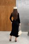 Women's Elegant Long-Sleeved Knit Dress with Black Princess Neckline and Button Details. - 7