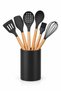 7-Piece Silicone Ladle Set with Wooden Handles: Black Spatula, Colander, Brush, Whisk, and Spoon. - 2