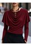 Burgundy Blouse with Cape Detail and Open Collar, Long Sleeves.